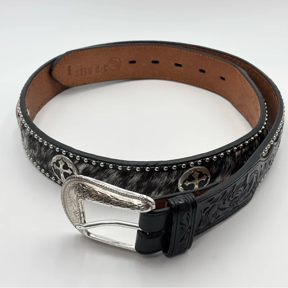 DDD 3D Black‎ Leather Belt Studded Rhinetsone Cross Western Size 40
